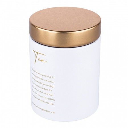 Altom Design okrugla bijela mat limenka sa zlatnim poklopcem 11x11x15 cm dekor  Tea - 0204018431
